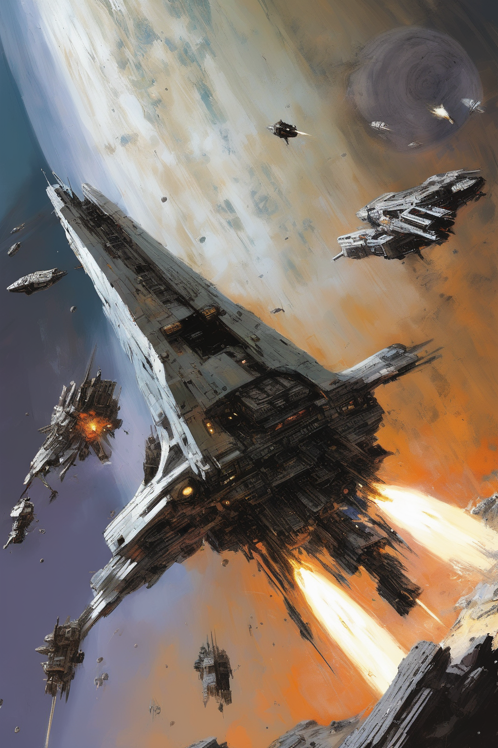 00155-559155164-John Berkey Style - a damaged silver dreadnaught spaceship firing weapons in a massive space battle, in front of a crumbling pla.png